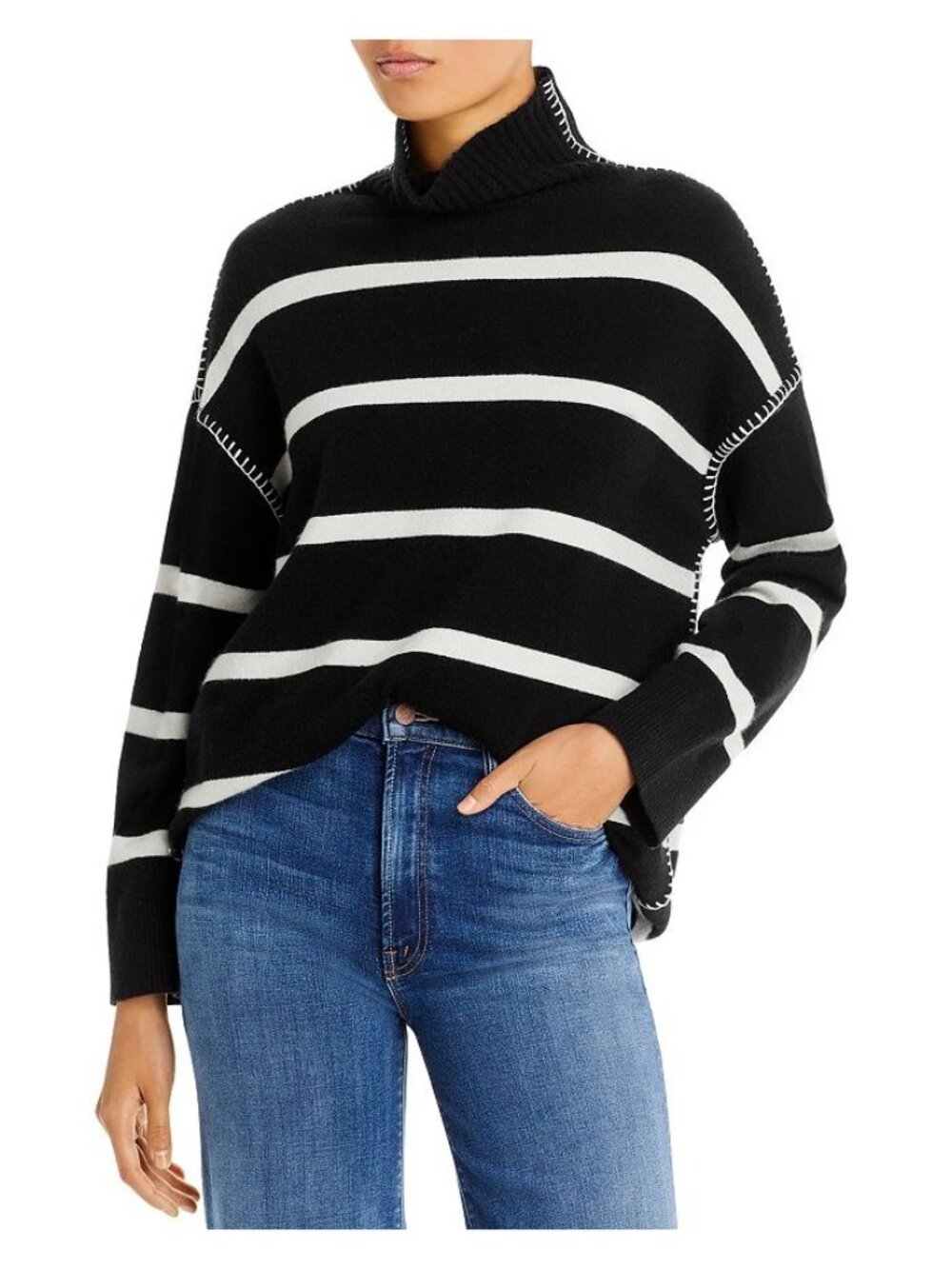 Alice + Olivia BOBBIE Black & White Striped Wool-Cashmere Blend Tunic Sweater M - Picture 3 of 8